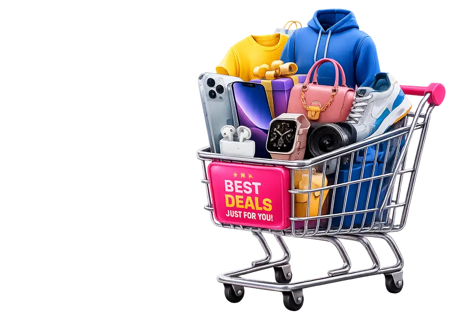 Shopping cart filled with phones, fashion, accessories, and deals